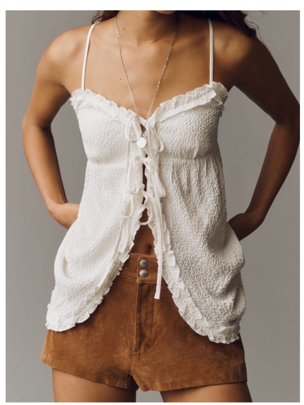 🟤NWT MAEVE by ANTHROPOLOGIE Sleeveless Textured Tie-Front
Babydoll Top in White